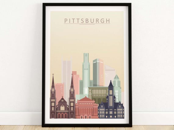 Pittsburgh City Skyline Travel Poster, Housewarming Gift