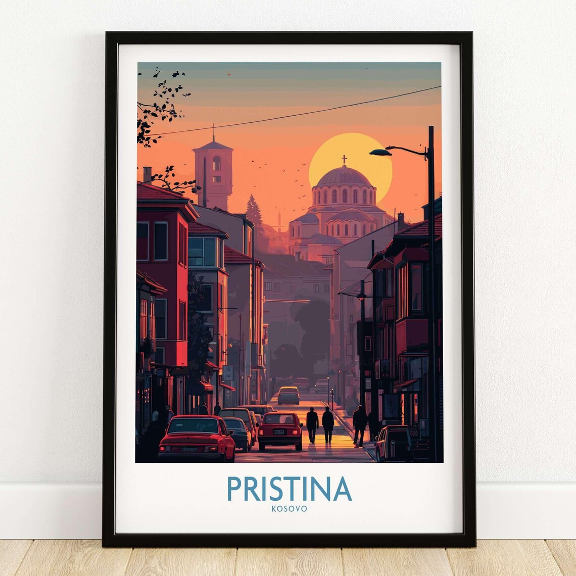 Pristina Kosovo Cathedral Sunset Street Vintage Cars City View Poster