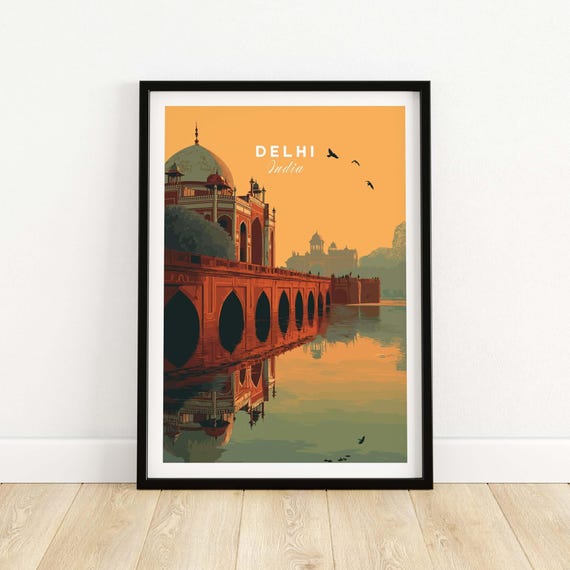 Delhi India Travel Print Humayuns Tomb Sunset Poster Bridge Reflection Wall Art Gift Lovers Illustration Artwork