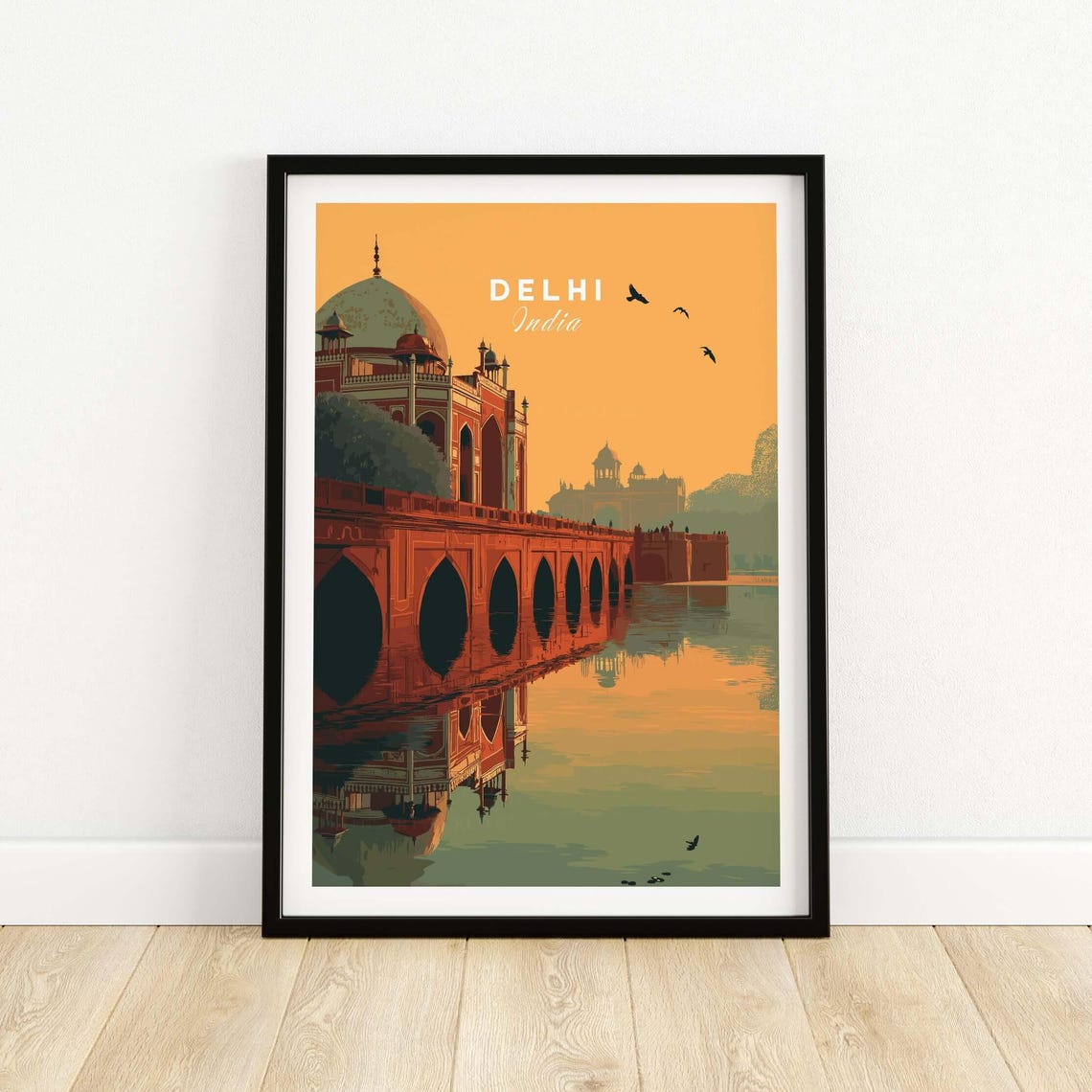 Delhi India Travel Print Humayuns Tomb Sunset Poster Bridge Reflection Wall Art Gift Lovers Illustration Artwork