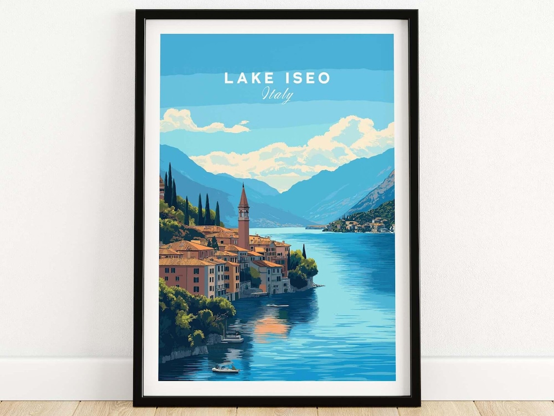 Lake Iseo Italy Lakeside Village Bell Tower Blue Water Travel Poster