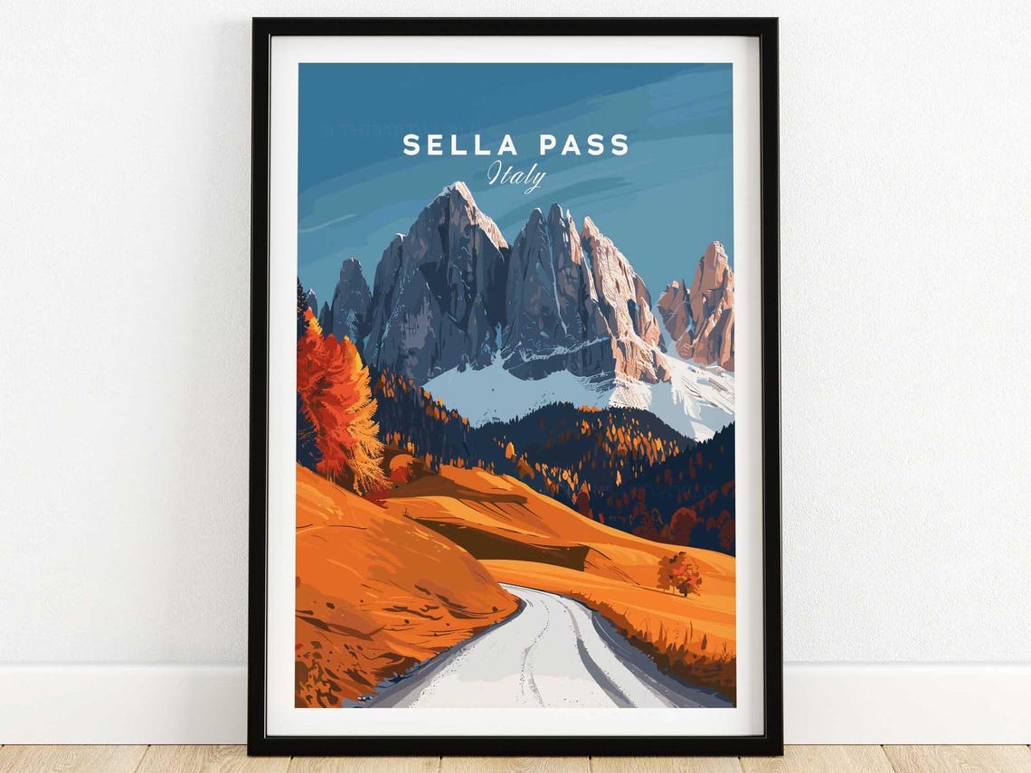 Sella Pass Italy Snowy Dolomites Autumn Mountain Road Vintage Poster