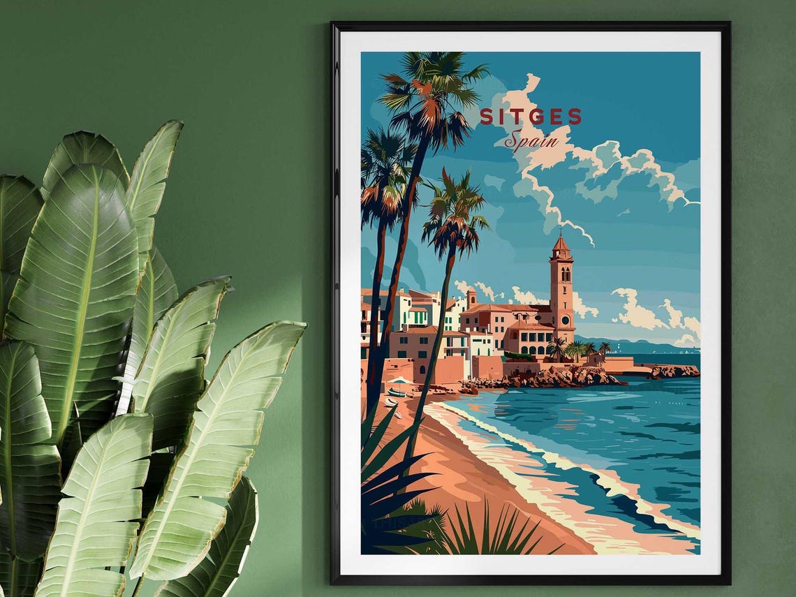 Sitges Spain Beach Church Tower Mediterranean Coast Travel Poster