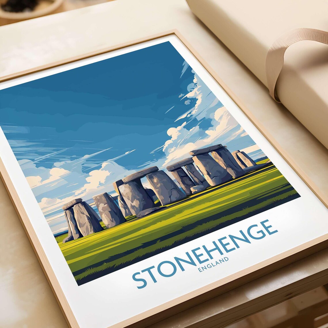 Stonehenge England Stone Circle Bright Blue Sky Illustration Poster