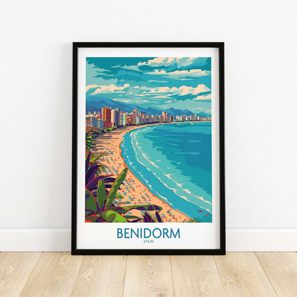 Benidorm Spain Mediterranean Beach City Skyline Travel Poster