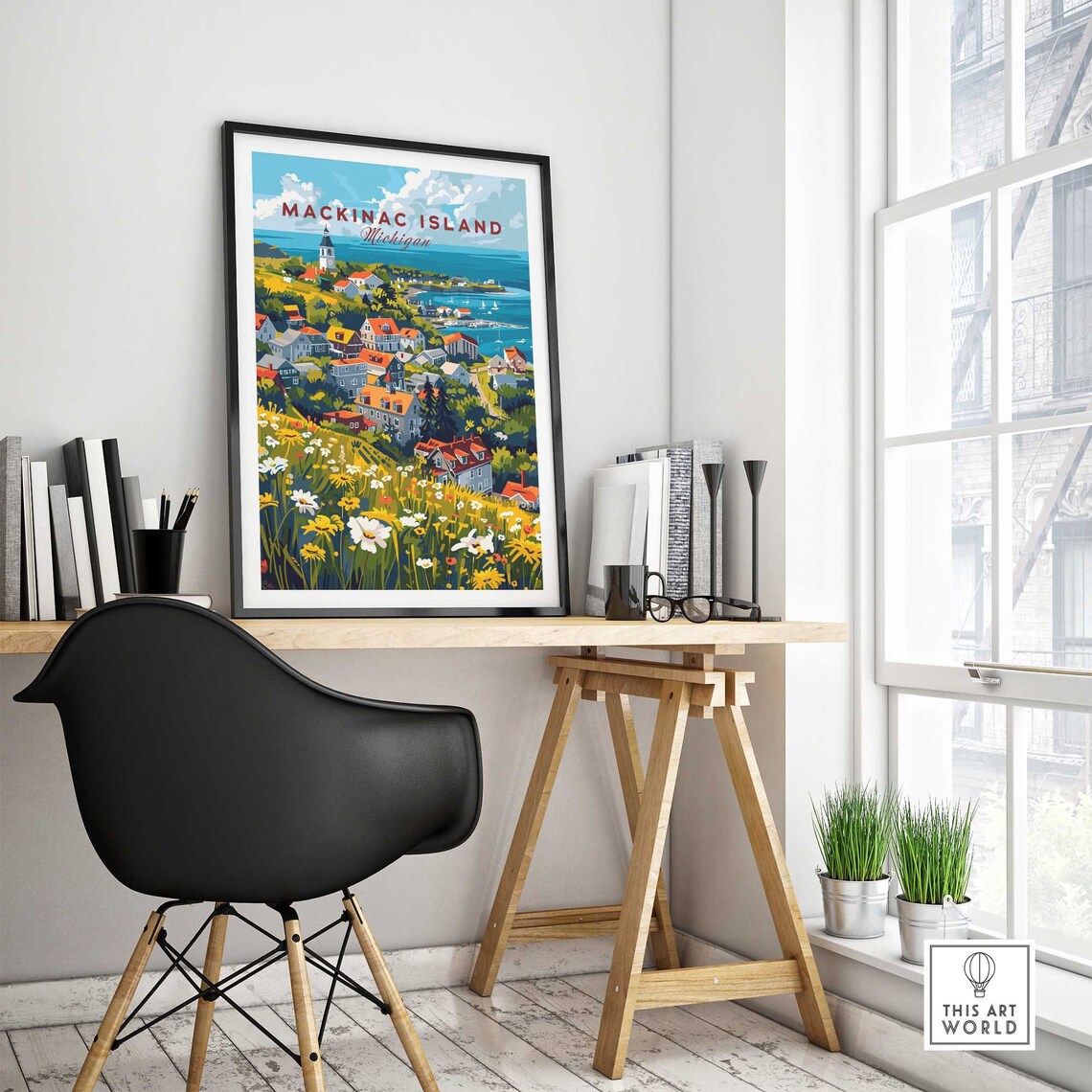 Mackinac Island Michigan Hillside Town Sailboats Floral Art Poster - Image 4