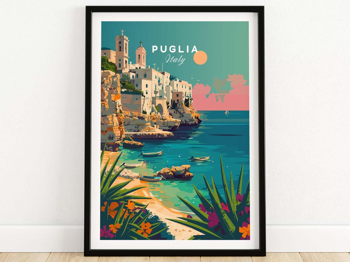 Puglia Italy Whitewashed Cliff Town Fishing Boats Sunrise Poster
