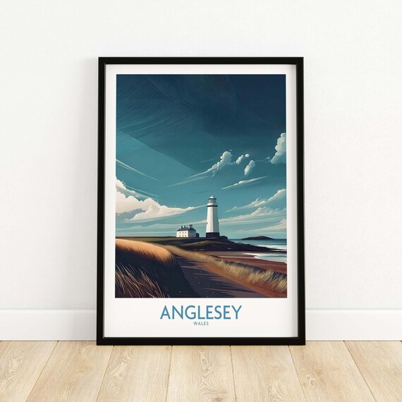 Anglesey Wales Lighthouse Sandy Shore Daytime Coastal Travel Poster