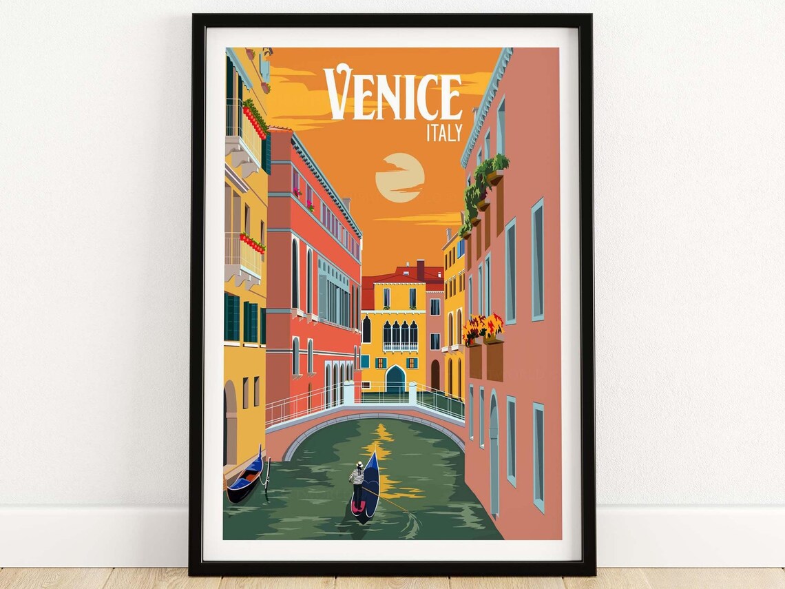 Venice Travel Poster, Minimalist Gondola Canal Decor