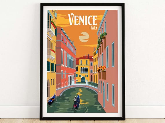 Venice Travel Poster, Minimalist Gondola Canal Decor