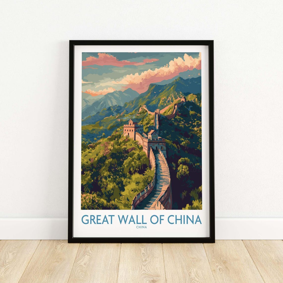 Great Wall of China Sunset Poster with Pink Clouds Over Mountain Peaks
