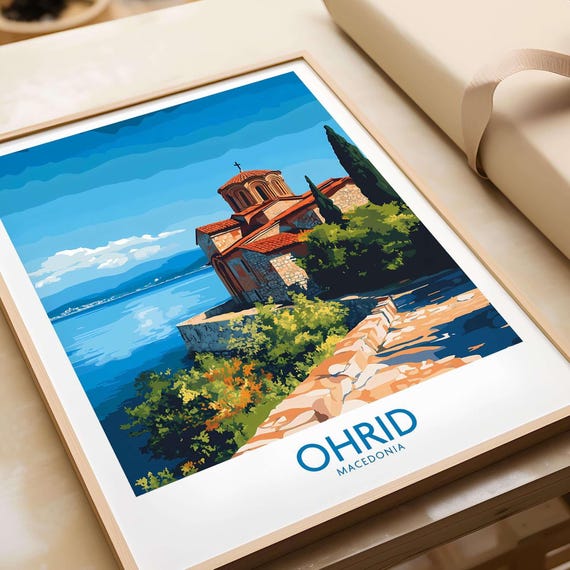 Ohrid Macedonia Travel Poster, Lake Ohrid Illustration