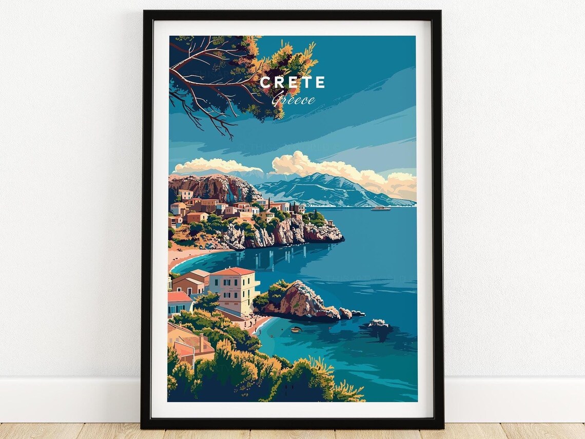 Crete Greece Coastal Village Cliffs Turquoise Sea Art Poster