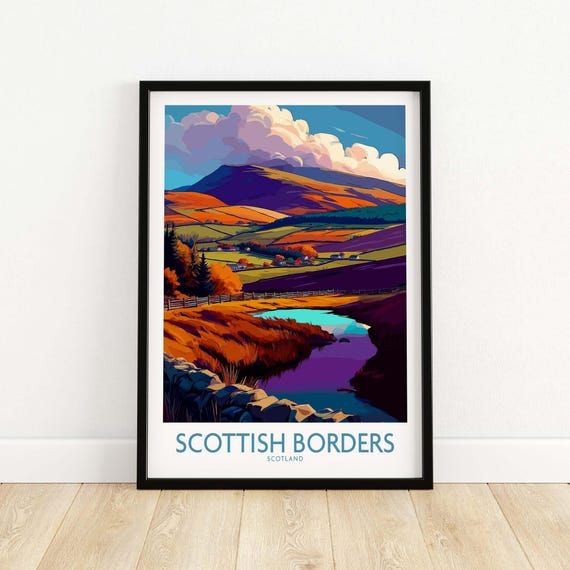 Scotland Travel Poster Scottish Borders Lake Autumn Hills Print Landscape Wall Art Gift Lovers Illustration Eildon
