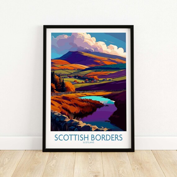 Scottish Borders Autumn Valley River Purple Hills Travel Art Poster
