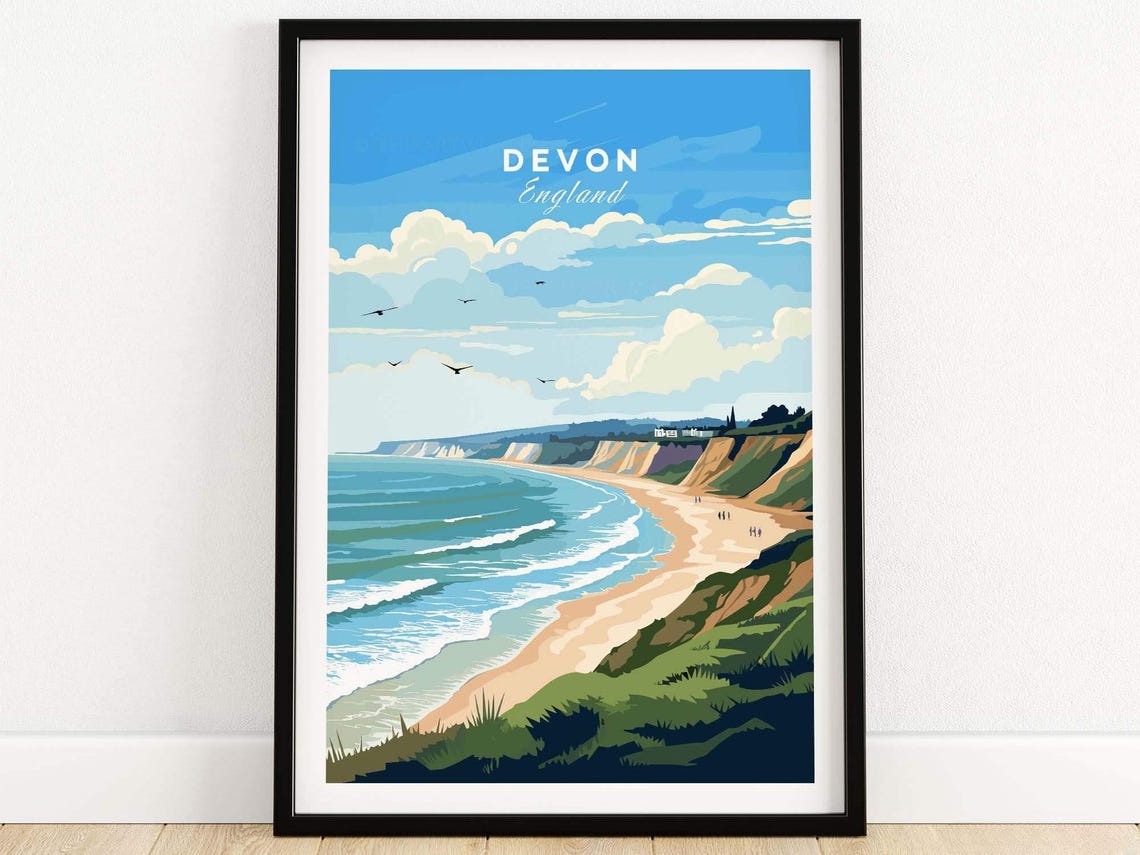 Devon England Golden Sandy Beach Coastal Cliff Waves Scenic Poster