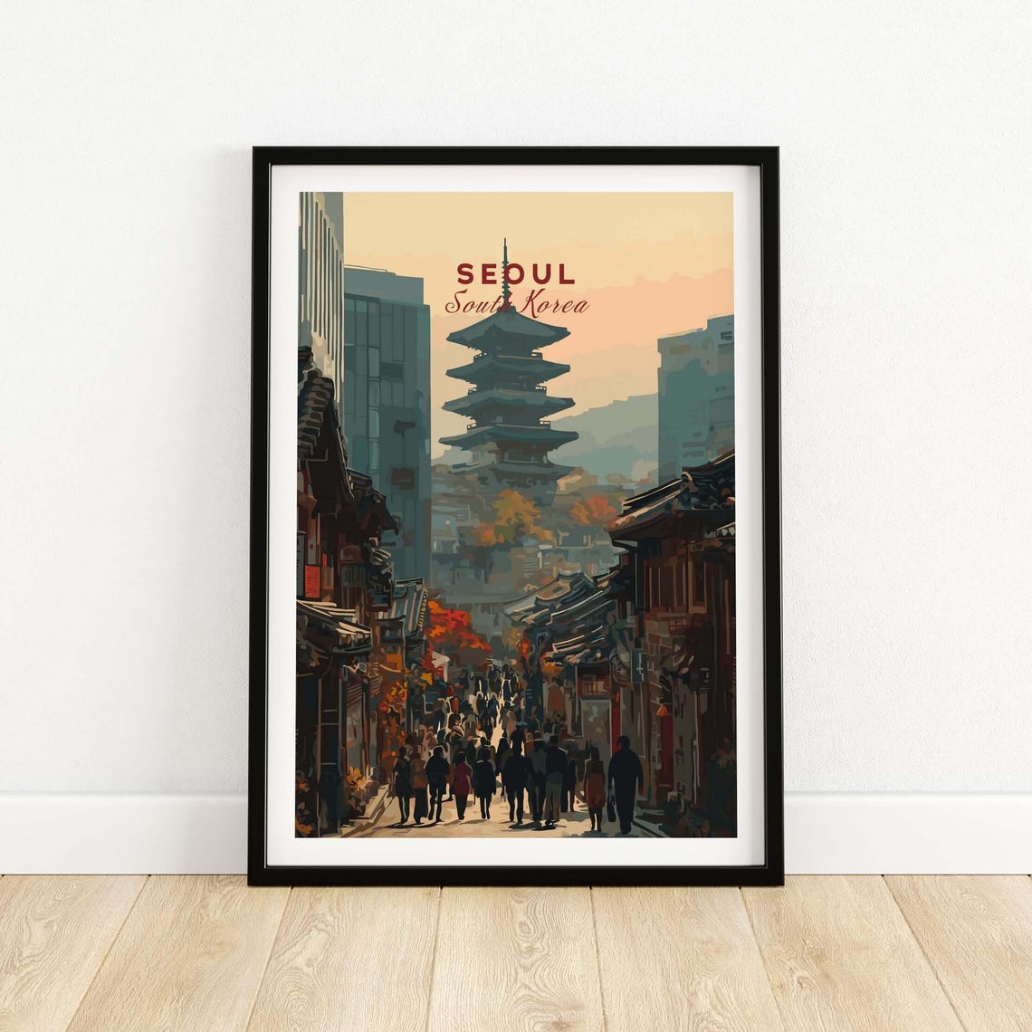 Seoul South Korea Red Script Lettering Old Town Pagoda Travel Poster