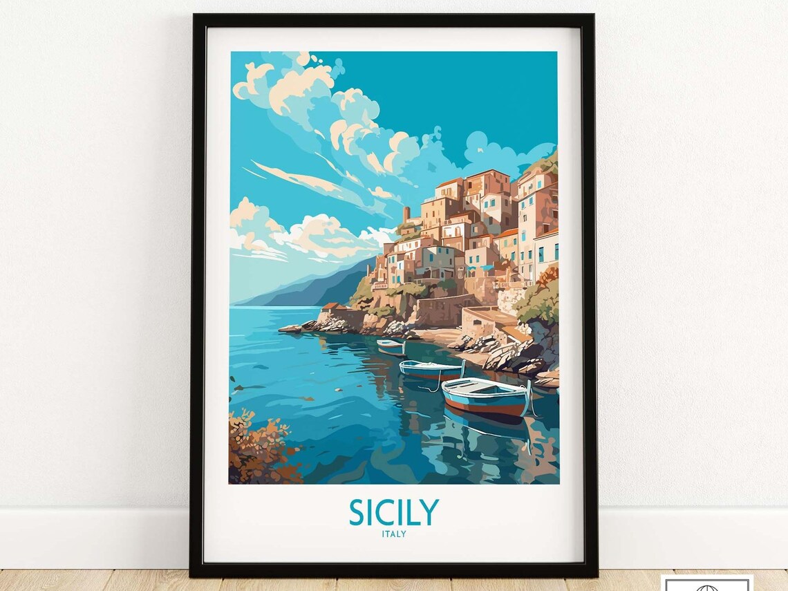 Sicily Italy Fishing Village Cliffs Moored Boats Coast Poster