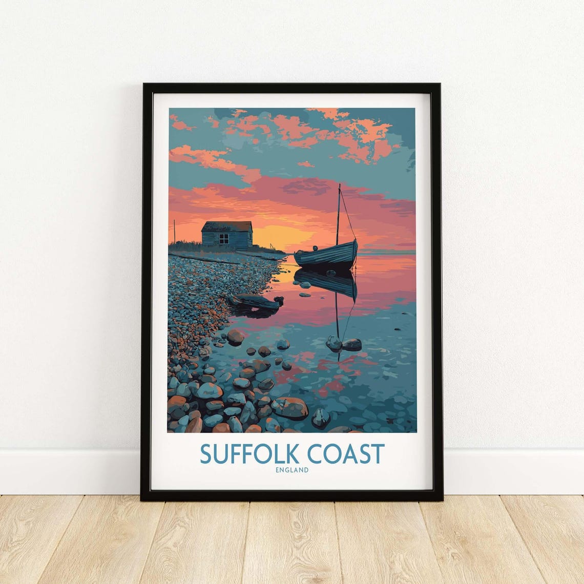 Suffolk Coast England Shingle Beach Sunset Sailboat Evening Poster