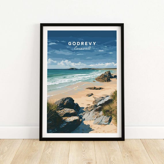 Godrevy Beach Poster Cornwall Coastal Art Uk Decor Framed And Unframed Seaside Wall Print Travel Gift Ocean View Illustration