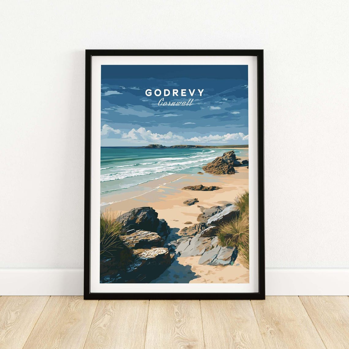Godrevy Beach Poster Cornwall Coastal Art Uk Decor Framed And Unframed Seaside Wall Print Travel Gift Ocean View Illustration