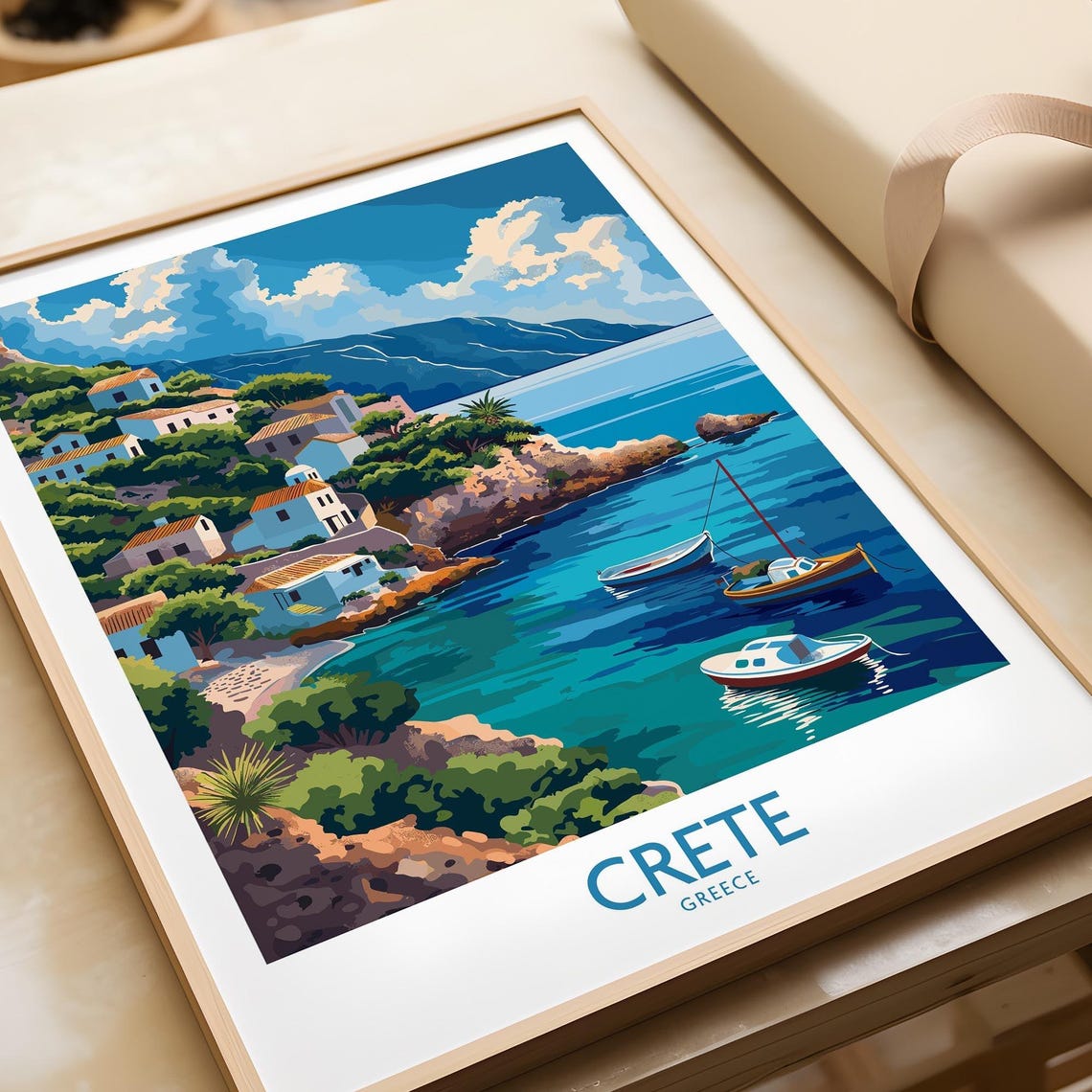Crete Greece Village Harbor Fishing Boats Turquoise Water Poster