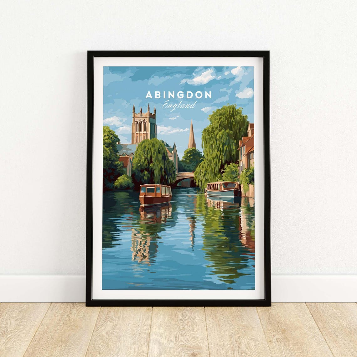 Abingdon England River Boats Willow Trees Illustration Travel Poster
