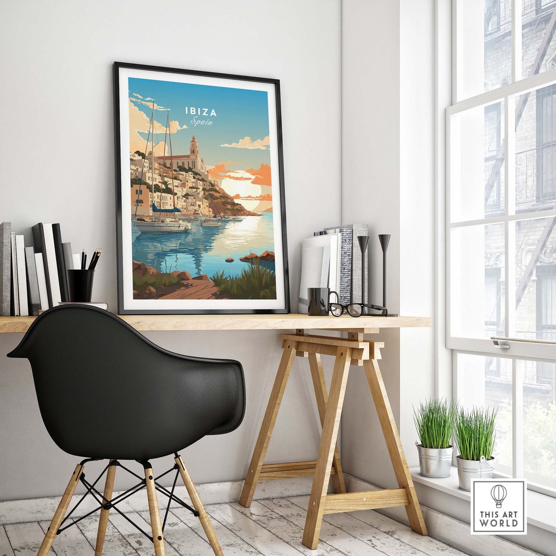 Ibiza Spain Harbor Sunset Sailboats Whitewashed Old Town Poster - Image 4