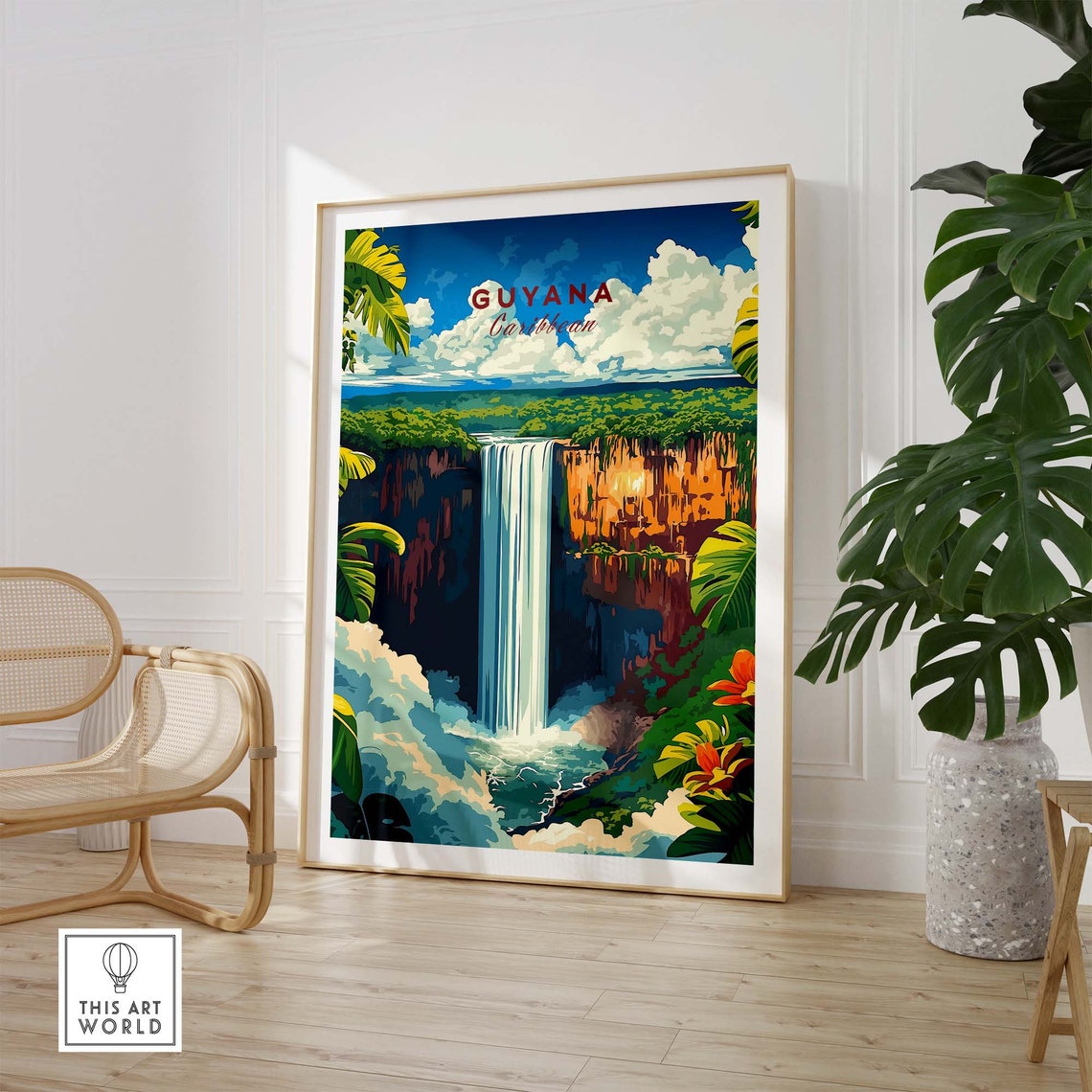 Guyana Caribbean Jungle Waterfall Red Cliffs Flowers Scene Poster - Image 2