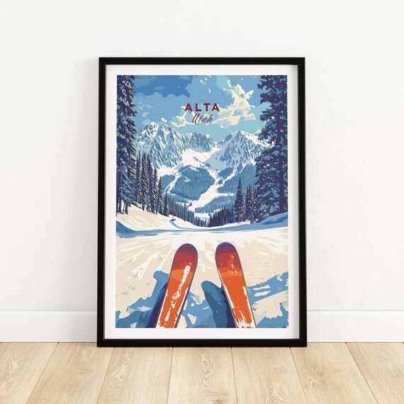 Alta Utah Orange Skis Slopes View Snowy Peaks Winter Travel Poster