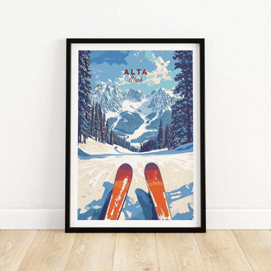 Alta Utah Orange Skis Slopes View Snowy Peaks Winter Travel Poster