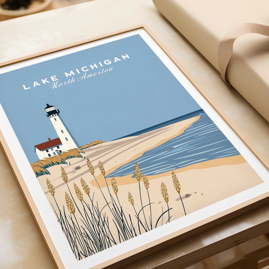 Lake Michigan North America Lighthouse Sandy Dunes Beach Poster