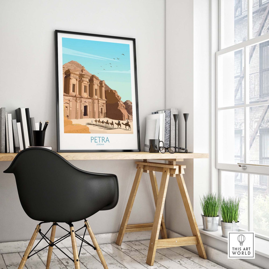 Petra Jordan Monastery Rock Facade Camel Caravan Travel Poster - Image 4