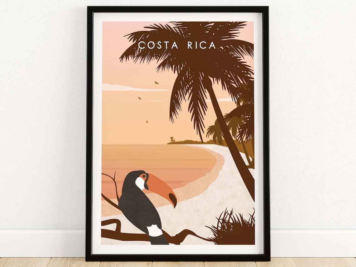 Costa Rica Travel Poster, Tropical Beach Jungle Art