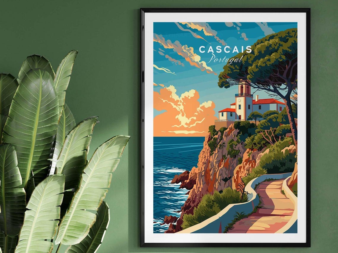 Cascais Portugal Sunset Cliff Lighthouse Coastal Travel Poster