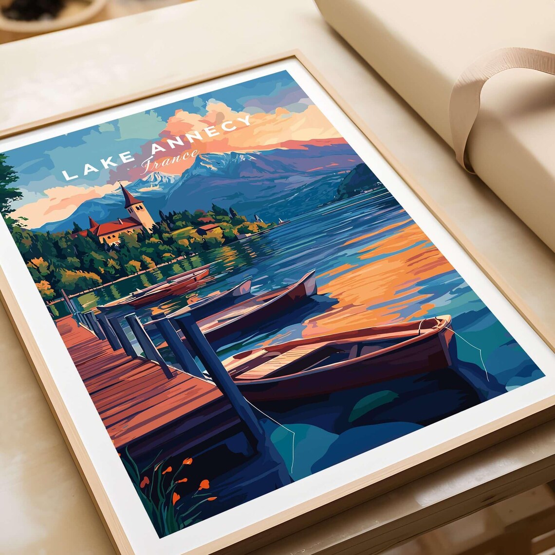 Lake Annecy France Sunset Boats Dock Mountain Lake Travel Poster - Image 4