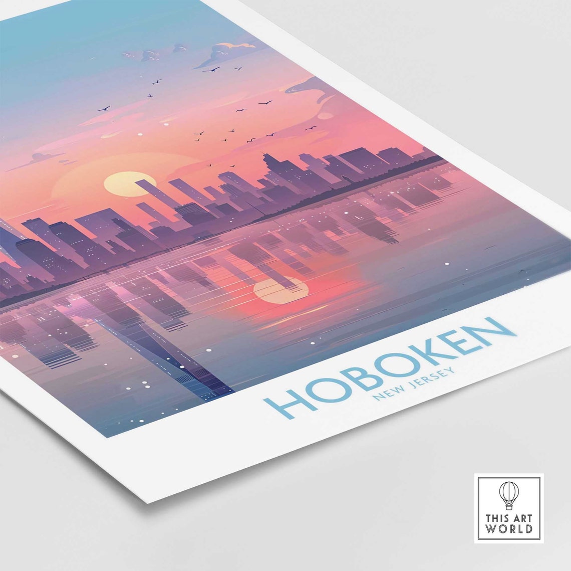 Hoboken New Jersey Sunset Skyline Waterfront Reflection Travel Poster - Image 4