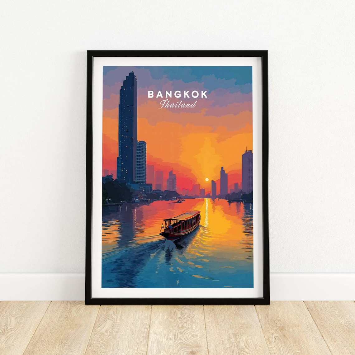 Bangkok Thailand Sunset River Boat and City Skyline Travel Poster