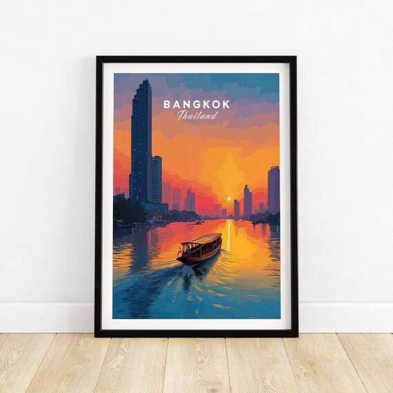 Bangkok Thailand Sunset River Boat and City Skyline Travel Poster