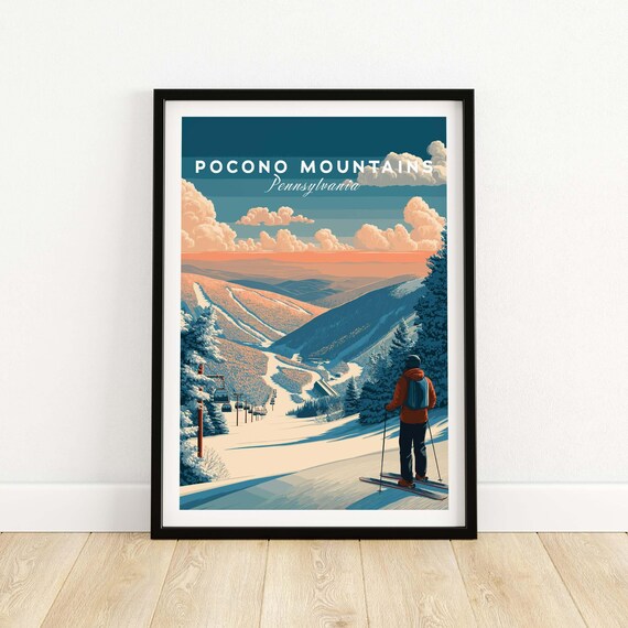 Pocono Mountains Pennsylvania Sunset Ski Slopes Chairlift Travel Poster