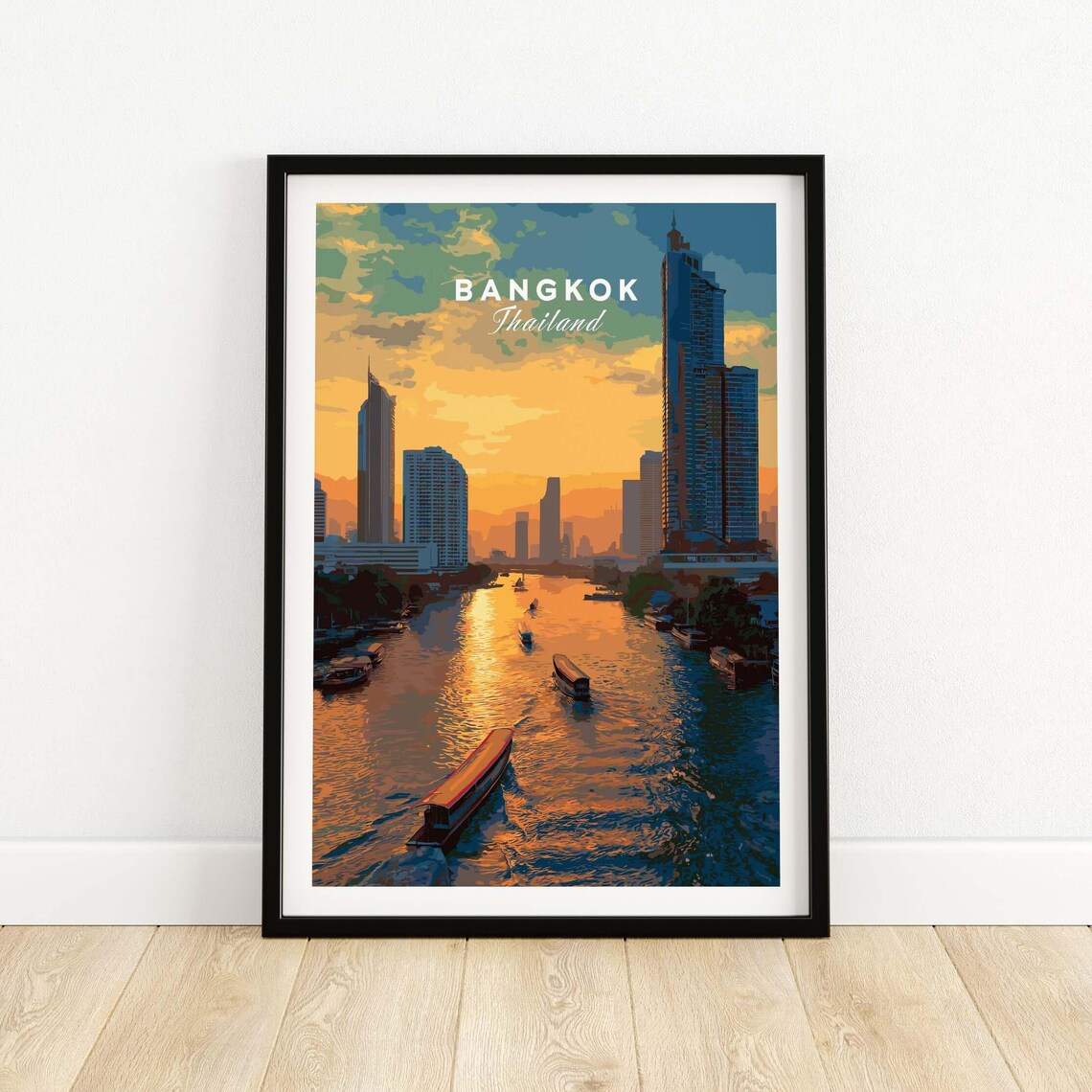 Bangkok Thailand Chao Phraya Sunset Skyline River Boats Poster
