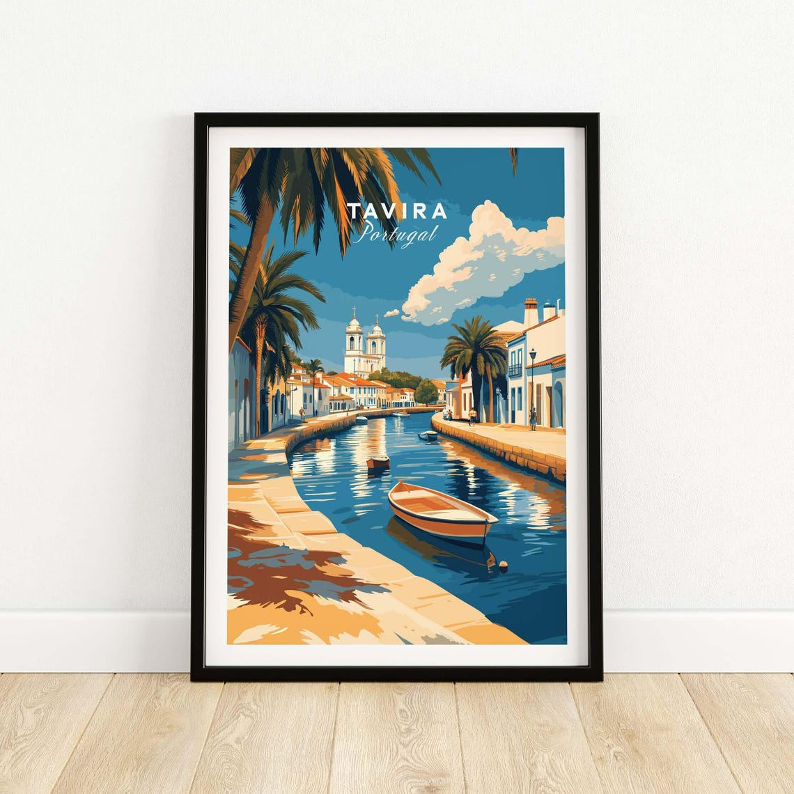 Tavira Portugal River Promenade Palm Trees Churches Travel Poster