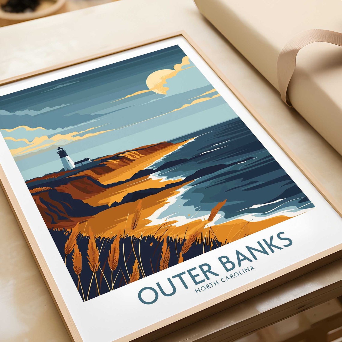 Outer Banks North Carolina Lighthouse Ocean Dunes Moonlight Poster