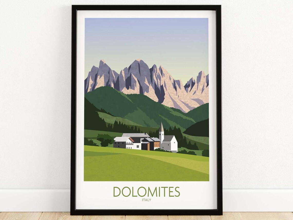 Dolomites Italy Alpine Peaks Mountain Village Travel Art Poster