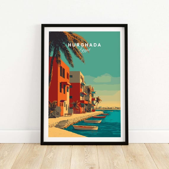 Hurghada Egypt Poster Red Sea Boats Coastal Wall Art Vintage Style Print Framed Unframed Travel Gift Beach Decor