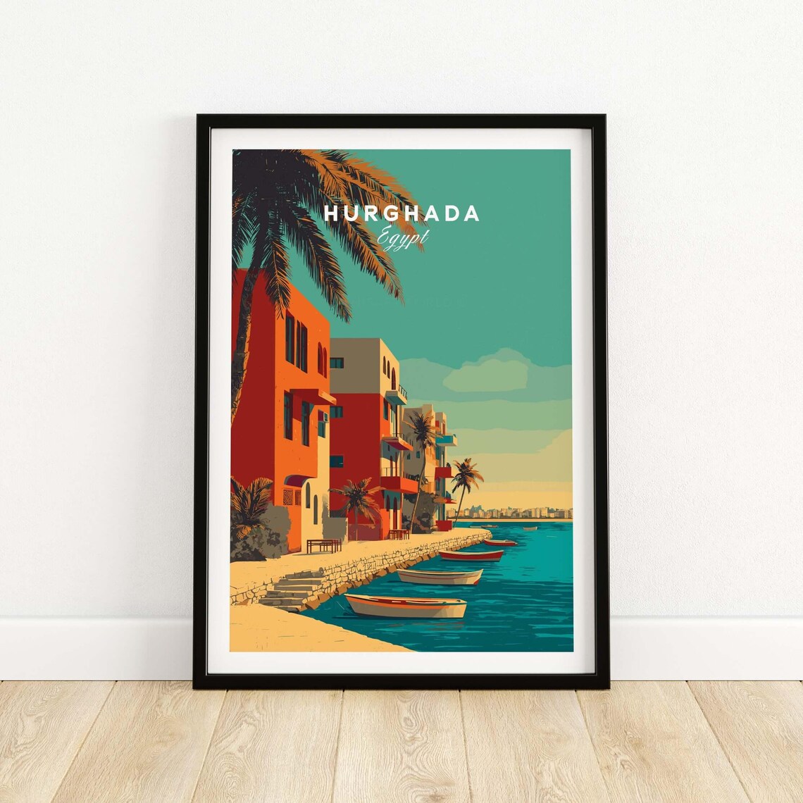 Hurghada Egypt Waterfront Boats Coral Buildings Vintage Travel Poster
