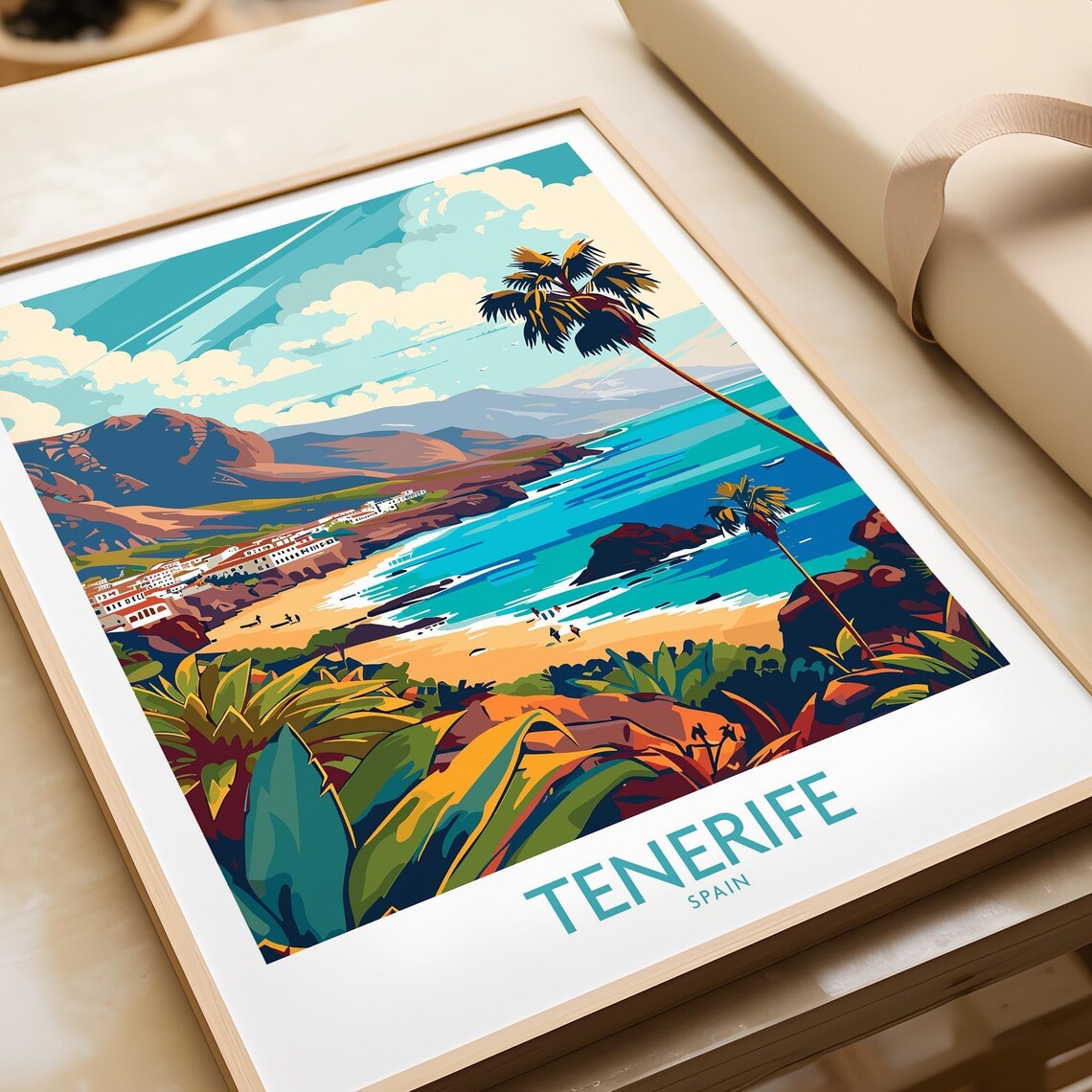 Retro Tenerife Spain Beach Cove Palm Volcanic Coastline Poster