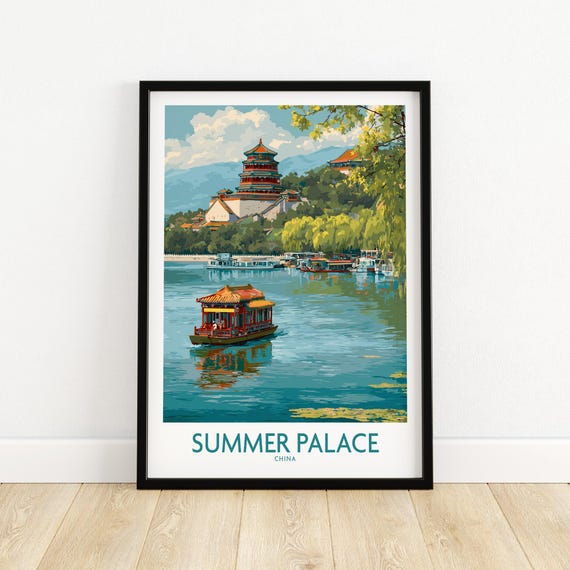 Summer Palace China Elegant Waterway Print Ancient Chinese Architecture Wall Art Gift Lovers Illustration