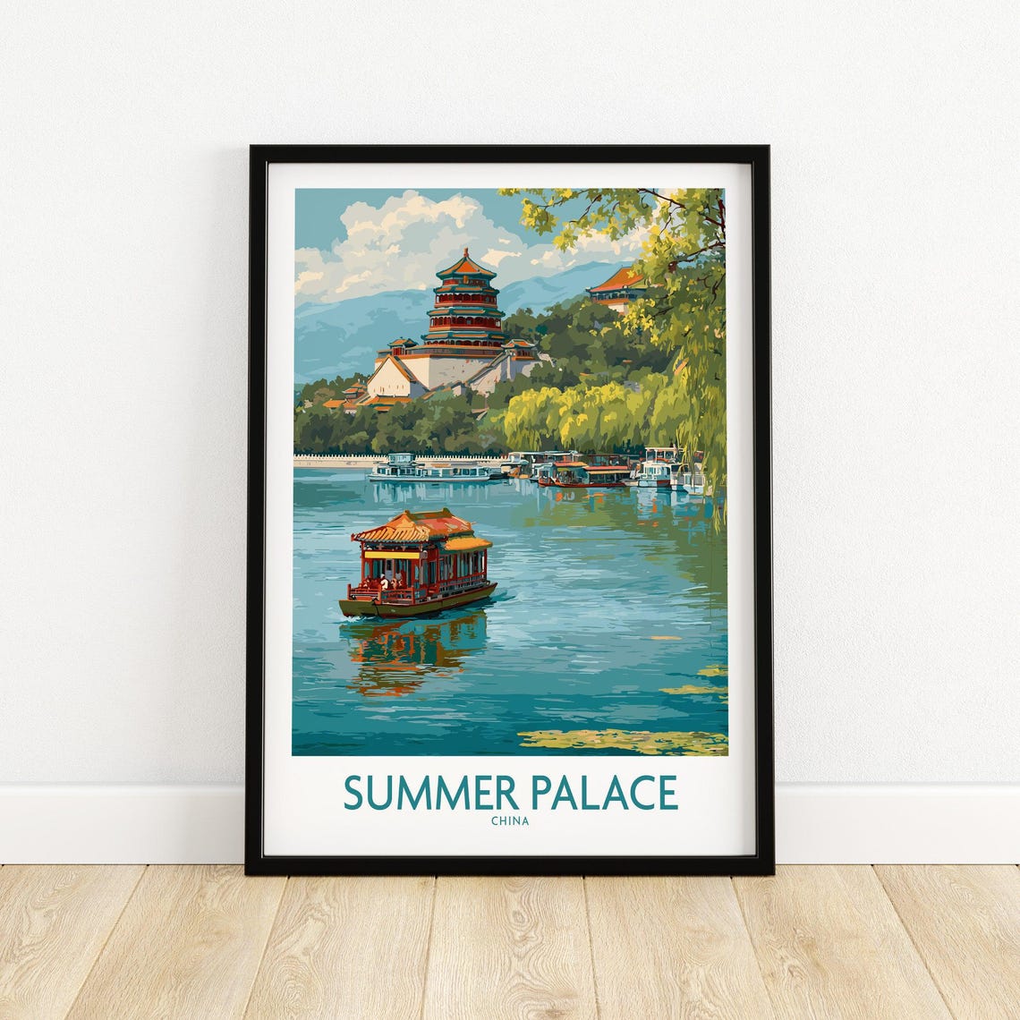 Summer Palace China Elegant Waterway Print Ancient Chinese Architecture Wall Art Gift Lovers Illustration