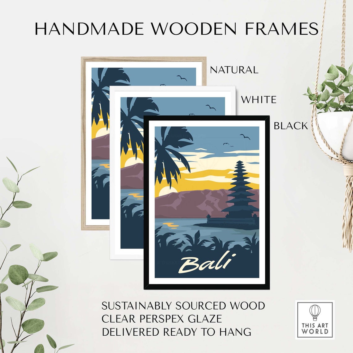 Bali Retro Sunset Lake Temple Silhouette Palm Fronds Travel Poster - Image 2